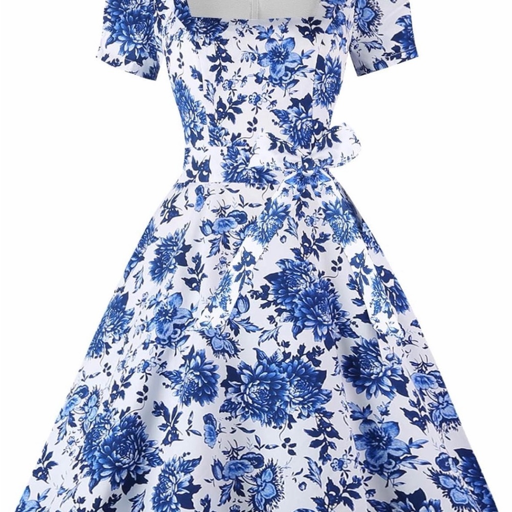 1950s Floral Blue and White Square Neck Dress